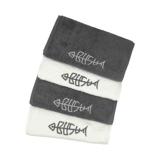 Mockup Gaestehandtuch Buesumfisch Weiss und Anthrazit